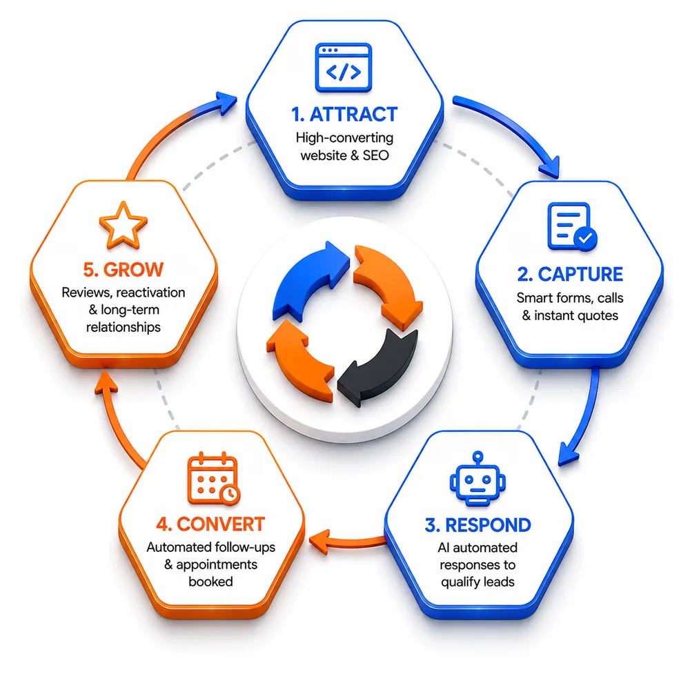 The TagVolt Engine: a five-stage cycle — 1. Attract (high-converting website & SEO), 2. Capture (smart forms, calls & instant quotes), 3. Respond (AI automated responses to qualify leads), 4. Convert (automated follow-ups & appointments booked), 5. Grow (reviews, reactivation & long-term relationships).
